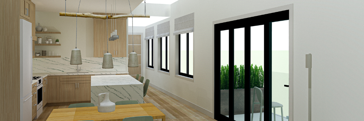 An apartment's open concept kitchen and dining room rendered design from BAC student Thomas Cook, BIA'22.