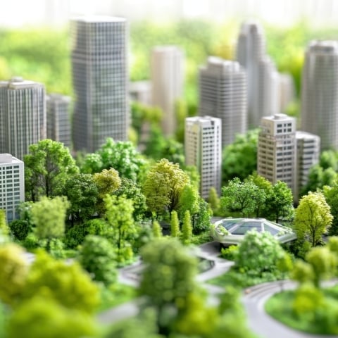 Detailed miniature cityscape surrounded by greenery showcasing sustainable urban planning principles for future cities.