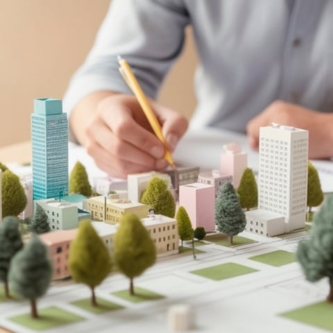Student working on a colorful scale model of an urban neighborhood with trees and high-rise buildings.