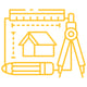 Yellow line icon of drafting tools and house plan, symbolizing architectural design and building a digital design portfolio at BAC Summer Academy Global.